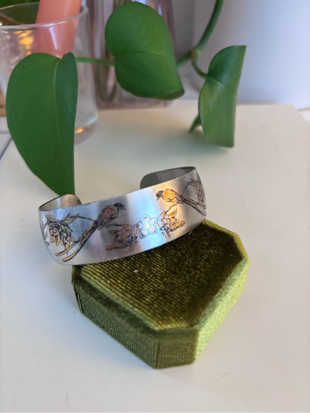 Reed & Barton Silver Floral and Bird Engraved Cuff Bracelet